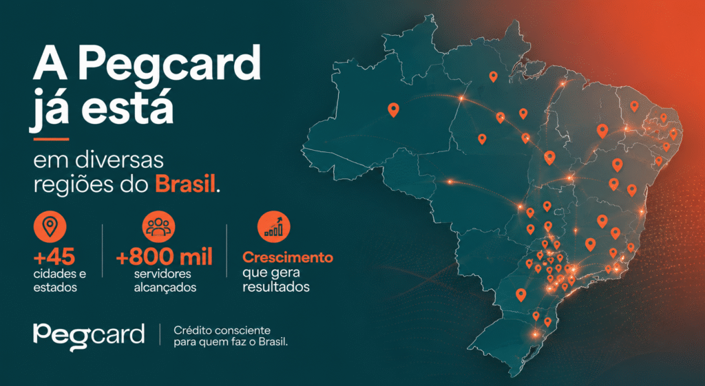 Banner ilustrando a expansão nacional da Pegcard, presente em mais de 45 regiões no Brasil